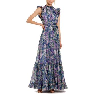 Mac Duggal Belted Floral Chiffon Ruffle Sleeve Gown in Lilac Multi at Nordstrom, Size 12