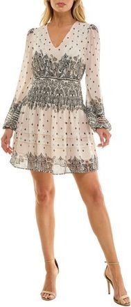 Socialite Paisley Long Sleeve Fit & Flare Dress in Ivory/Black at Nordstrom, Size X-Small