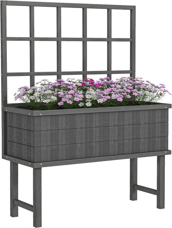 Wood Raised Planter w/ Trellis Drain Holes Elevated Garden Bed Grey
