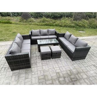 Fimous Outdoor Rattan Garden Furniture Lounge Sofa Set With Oblong Rectagular Coffee Table 2 Stools - Fimous