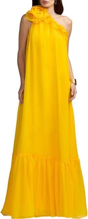 Mac Duggal Womens One Shoulder Chiffon Maxi Gown with 3D Rosette in Sunshine at Nordstrom, Size X-Large