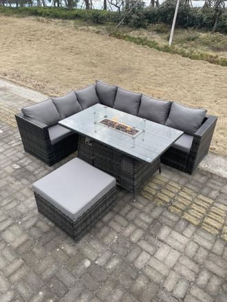 Fimous Rattan Corner Sofa Set Gas Firepit Dining Table Set Patio Heater Burner With Big Footstool Dark Grey