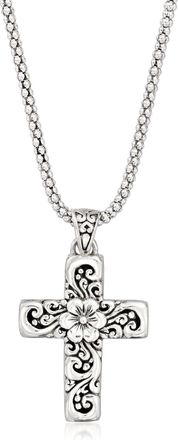 Ross-Simons Sterling Silver Bali-Style Floral Cross Pendant Necklace