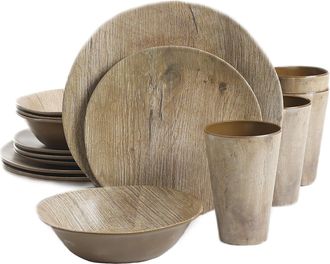 Gibson Home Woodlands 16 Piece Melamine Wood Grain Decal Dinnerware Set