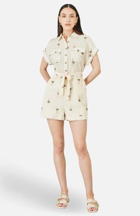 Yumi Embroidered Palm Print Cotton Playsuit in Beige at Nordstrom, Size X-Large