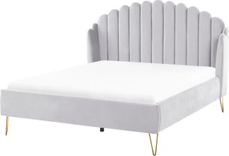 Beliani Cama Con Somier De Terciopelo Gris Claro Dorado 140 X 200 Cm Cabecero Ambillou