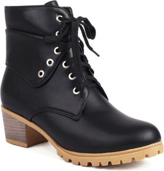 Generic Womens Round Toe PU Leather Short Boots Mid Block Heel Casual Ankle Boots Lace Up Combat Boot,Black,6.5 UK