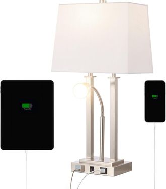 Jonathan Y Designs Blaire 23.75 2-Light Modern Farmhouse Metal LED Table Lamp with USB Charging port in Nickel at Nordstrom