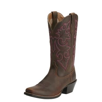 Ariat Womens Round Up Square Toe Western Boots in Powder Brown Leather, B Medium Width, Size 2.5, by Ariat