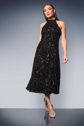 Principles Womens Tie Back Halterneck Sequin Fit & Flare Midi Dress - Black - Size 12 UK