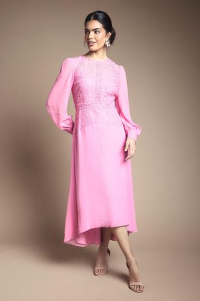 Wallis Womens Lace Insert Chiffon Midi Dress - Pink Polyamide - Size 14 UK