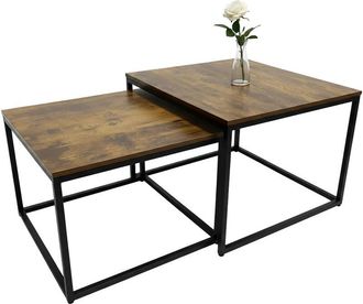 Relaxdays Relaxdays Juego De 2 Mesas Auxiliares, Dise&ntilde;o Industrial, 65/75 Cm, Efecto Madera Y Metal, Cuadradas, Marr&oacute;n/negro