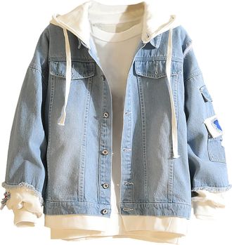 Generic Mens Distressed Denim Jacket With Detachable Hood Loose Fit Streetwear Style Faux Two Piece Washed Coat For Fashion (Light Blue, M)