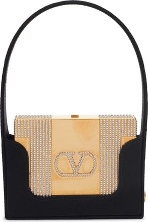 Valentino Garavani Minaumorphe Minaudi&egrave;re Crystal Embelllished Convertible Clutch in 9W6 Antique Brass-Crystal/nero at Nordstrom