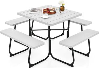 Costway Conjunto De Mesa De Camping Con Banco, 8 Personas, Mesa Camping Cuadrado Con 4 Bancos,hdpe, Orificio Para Sombrilla, Mesa Y Sillas Jardin Patio Terraz