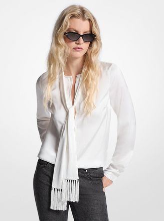 Michael Kors Satin Fringed Tie-Neck Blouse