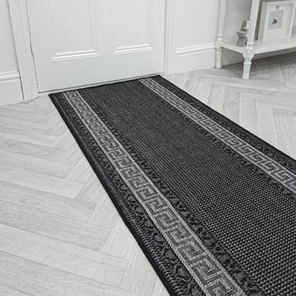 Runrug Hallway Carpet Runner Rug - Hardwearing & Durable, 7mm - Greek Fret in Dark Grey | Size: 80 cm x 300 cm