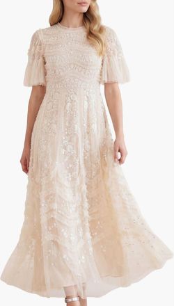 Needle & Thread Gianna Ruffle Short Sleeve Maxi Gown in Cream at Nordstrom, Size 12