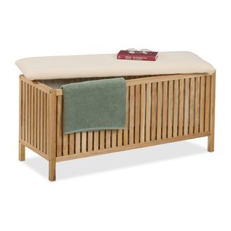 Relaxdays Arc&oacute;n Para Ropa Sucia Con Asiento, Ba&uacute;l Para Colada, 100 L, 50 X 100 X 38 Cm, Madera Y Tela, Natural Y Blanco - Relaxdays