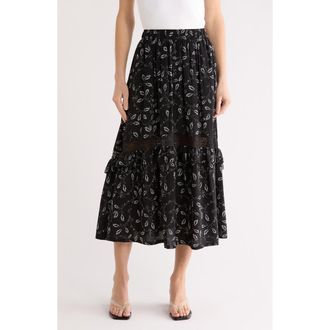 Melrose and Market Ruffle Lace Inset Maxi Skirt in Black- Ivory Lace Stems at Nordstrom Rack, Size Xx-Small