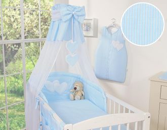 OEM Juego De Cama De 5 Piezas De 135x100 Cm Con Dosel - Corazones Colgantes, Rayas Azules