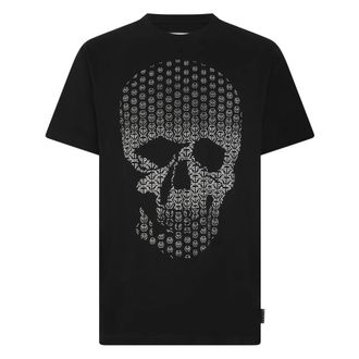Philipp Plein Tops, Heren, Zwart, L, Katoen, T-shirt met ronde hals en strass-doodskop