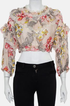 Alberta Ferretti Di Lorenzo Serafini Pink Floral Printed Cotton Ruffled Crop Top