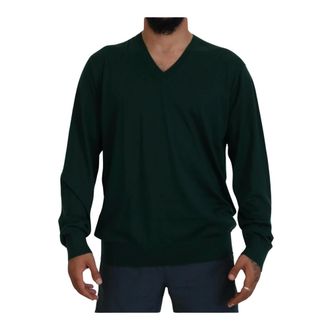 Dolce & Gabbana V-neck Knitwear, male, Green, 5XL, Logo Detail V-Neck Cashmere Jumper