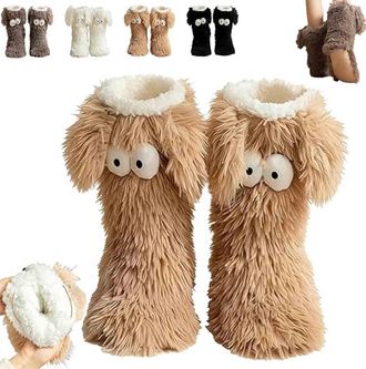 Generic Cozy Socks for Women, Winter Warm Fuzzy Non-Slip Slipper Socks with Cute Big Eyes, Thick Plush Winter Home Socks, Soft Warm Floor Socks (Coffee)