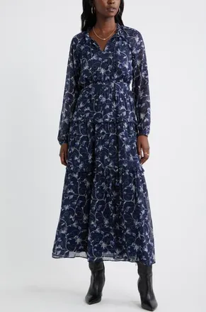 Chelsea28 Floral Metallic Clip Dot Ruffle Tiered Midi Dress in Navy- Blue Molly Boho at Nordstrom, Size Xx-Small