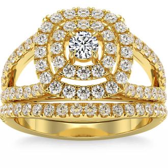 Pompeii3 1 3/4Ct Natural Diamond Cushion Halo Engagement Wedding Ring Set in 10k Gold