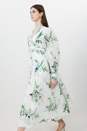 Karen Millen Silk Cotton Spring Floral Plunge Woven Maxi Dress