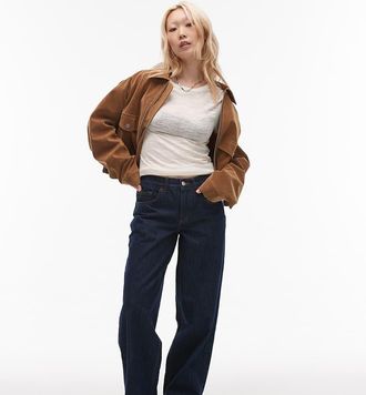 Topshop Petite Cinch - Jeans comodi a vita bassa blu indaco effetto grezzo con cinturino
