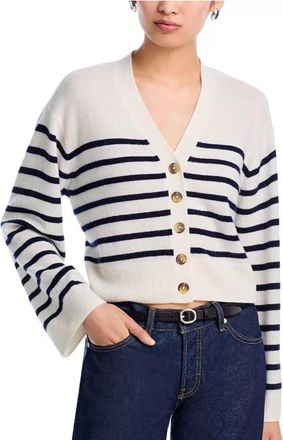Aqua Cashmere V Neck Cardigan Sweater In Ivory/peacoat