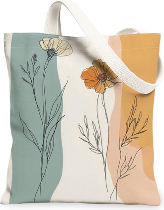 Generic Spring Marigolds Flower Canvas Tote Bag for Shopping 13x15, Retro Mid Century Florals Reusable Grocery Print Pattern Bag for Women, Fun Funky Beach Ae
