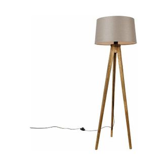 QAZQA R&uacute;stico L&aacute;mpara De Pie Tr&iacute;pode Vintage R&uacute;stica De Madera Con Pantalla De Lino Topo De 45 Cm - Tripod Classic /lino /textil Alargada Adecuado Para Led 