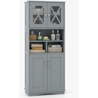 Costway Costway - Mobile Bagno, Armadietto Salvaspazio con Porte in Acrilico, Ripiani Regolabili e Ampio Scomparto, Armadio da Terra in Legno per Soggiorno