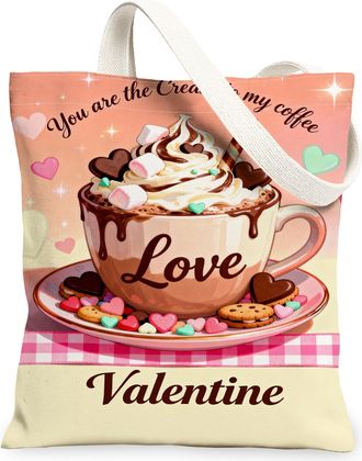 Generic Valentine Coffee Canvas Tote Bags, Heart Pattern Reusable Grocery Bags, Vintage Love Lightweight Washable Shoulder Strap Fo, Peach, 13x15 Inch