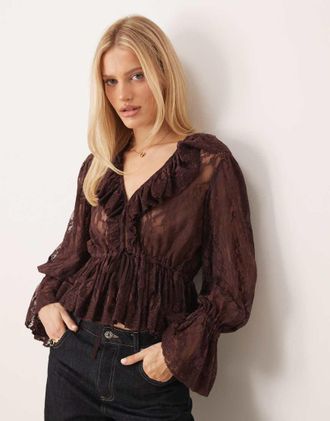 Lace & Beads Top in pizzo trasparente marrone cioccolato con scollo a V e volant