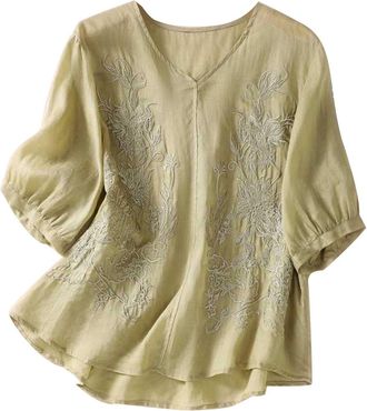 Generic Linen Shirt Women Vintage Boho Embroidered Cotton-Linen Tee Tops V Neck Summer 3/4 Sleeve Floral Shirts Casual Loose Peasant Blouses Lagenlook Tunic T