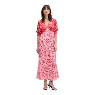 Never Fully Dressed Jurk met grafische print en V-hals - Dames - Maxi kleedjes - Rood - XL - Polyester - Kleedjes