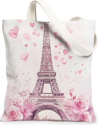 Generic Parisian Floral Canvas Tote Bags, Paris Tower Heart Pattern Reusable Grocery Bags, Spring Lightweight Washable Shoulder Strap Canvas for Travel Outdoo