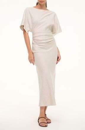 Staud Amelie Ruched Waist Linen Blend Dress in Natural at Nordstrom, Size X-Small