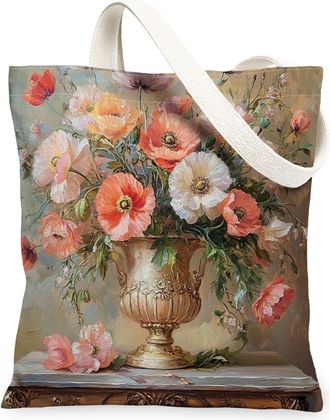 Generic Spring Farmhouse Poppy Canvas Tote Bag for Shopping 13x15, Rustic Farm Floral Reusable Grocery Print Pattern Bag for Women, Country Flower Beach Aesth
