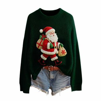 Generic Christmas Jumpers for Women UK Fashion 3D Print Womens Knitted Jumpers Long Sleeves Ladies Xmas Sweaters Winter Warm Fleece Pullover Sweaters Comforta