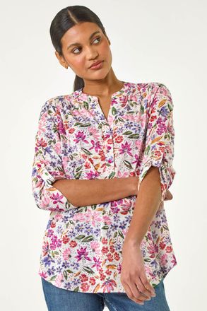 Roman Floral Print Burnout V-Neck Top