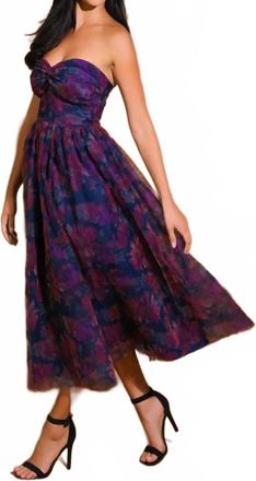 Flying Tomato Strapless Organza Midi Dress In Purple Multi
