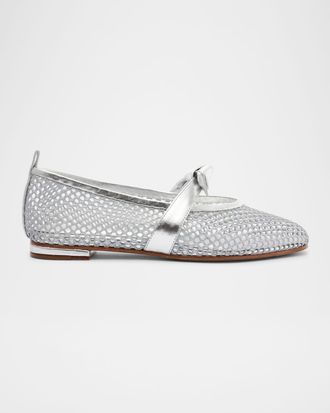 Alexandre Birman Clarita Metallic Bow Fishnet Ballerina Flats