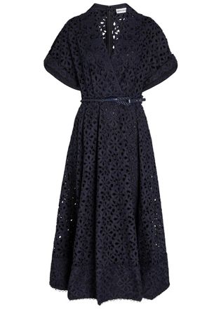 Rebecca Vallance Antalya Embroidered Belted Cotton Midi Dress - Navy - 14 (UK14 / L)