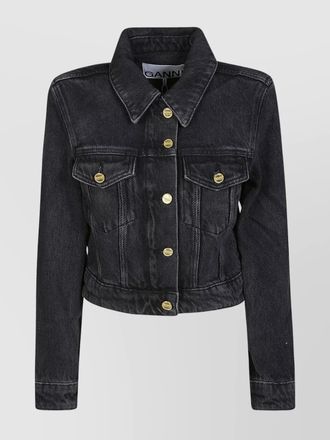 Ganni textured denim crop jacket with flap pockets
